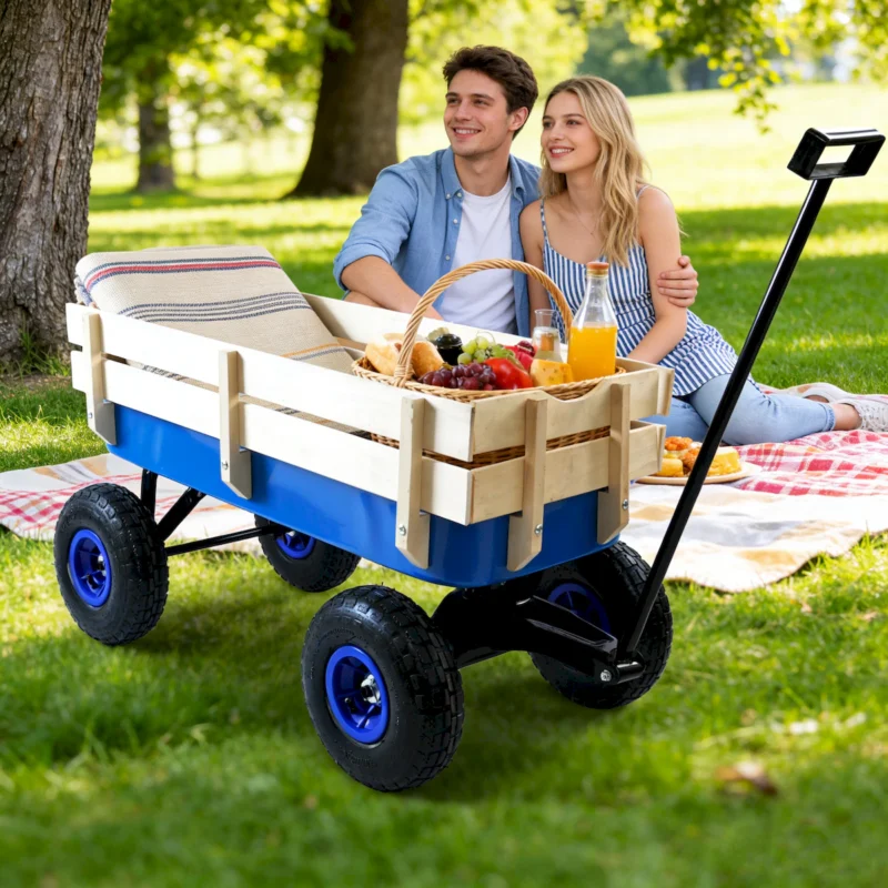 Outdoor Wagon All Terrain Pulling Wood Railing Air Tires Garden Cart - Image 2