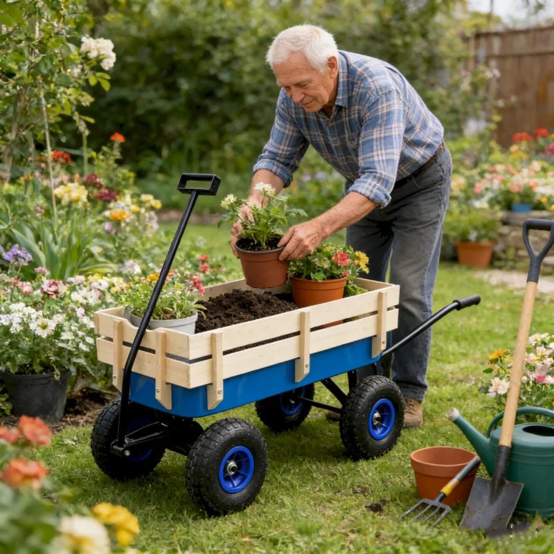 Outdoor Wagon All Terrain Pulling Wood Railing Air Tires Garden Cart - Image 15