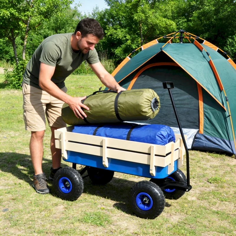 Outdoor Wagon All Terrain Pulling Wood Railing Air Tires Garden Cart - Image 12