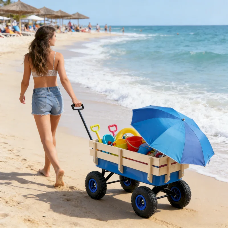 Outdoor Wagon All Terrain Pulling Wood Railing Air Tires Garden Cart - Image 11