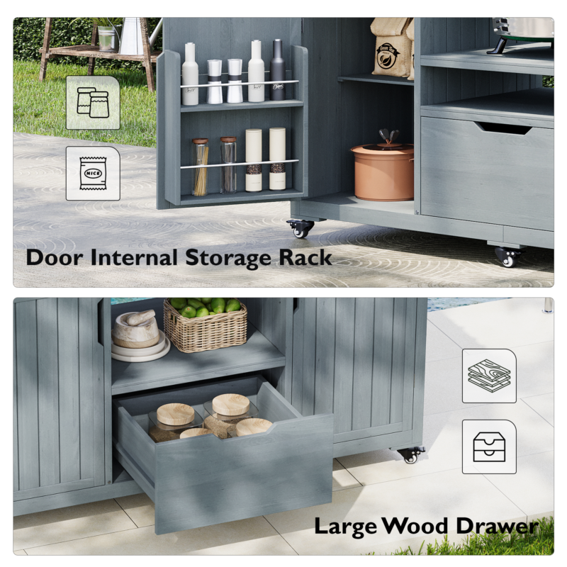 K&K 66.5" Outdoor Kitchen Island for Big Green Egg Grills, Solid Wood Outdoor Grill Cart for Tabletop Grill with Stainless Steel Top, Drawer, Compatible with Large Big Green Egg, Kamado Joe- Grey Blue - Image 11
