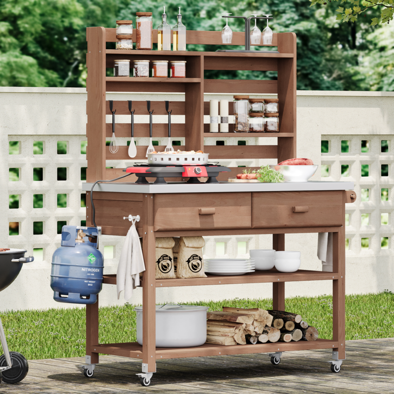 K&K 64.9"H Outdoor Potting Bench Table with Lockable Wheels, Solid Wood Outdoor Kitchen Island with Upper Hutch, Stainless Steel Top, Towel Rack ,Outdoor Storage for Grilling, Lawn Garden -Grey Blue - Image 36