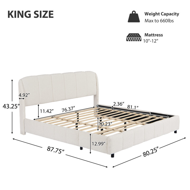 King Boucle Platform Bed with Curved Headboard in Beige - Image 9