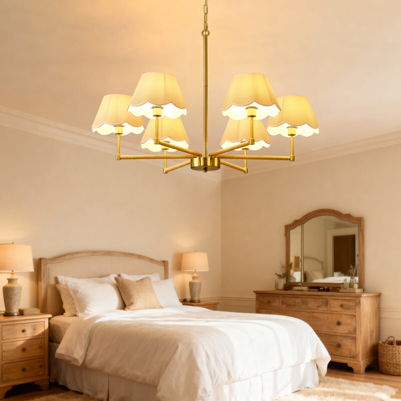 6-Light Rope + Fabric shade Chandelier,Gold Chandelier,Chandelier Romantic Golden,Adjustable Pendant Lights Living Room Dining Room Decoration Lamp Custom Hotel Project Lighting - Gold- - Image 3