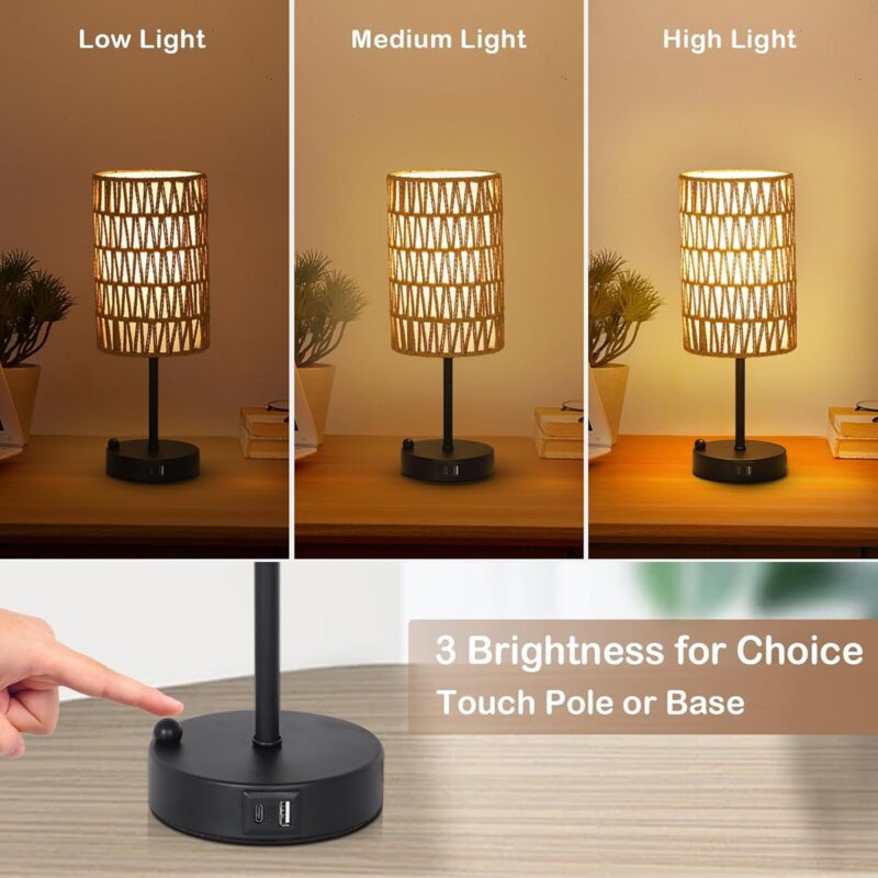 Touch Table Lamp For Bedroom with Bulb, Boho Small Desk Lamp For Living Room With Rattan & Linen Shade, 3 Way Dimmable Bedside Table Lamp For Nightstand With USB Charging Port & Phone Stand For Office - Image 5
