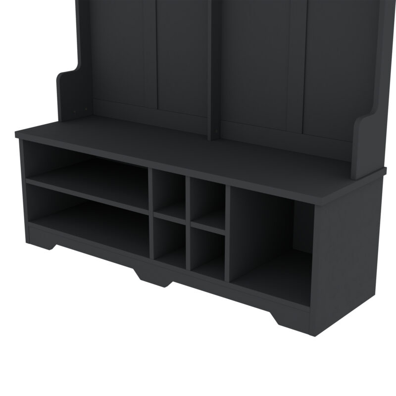 Modern Hallway Hall Tree with Metal Hooks and Storage Space, Multi-Functional Entryway Coat Rack with Shoe Cubbies, Black - Image 7