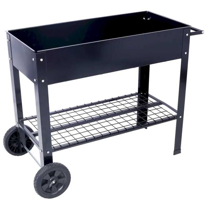 Products Elevated Mobile Raised Ergonomic Metal Planter Garden Bed for Backyard, Patio w/Wheels, Lower Shelf, black - Image 11