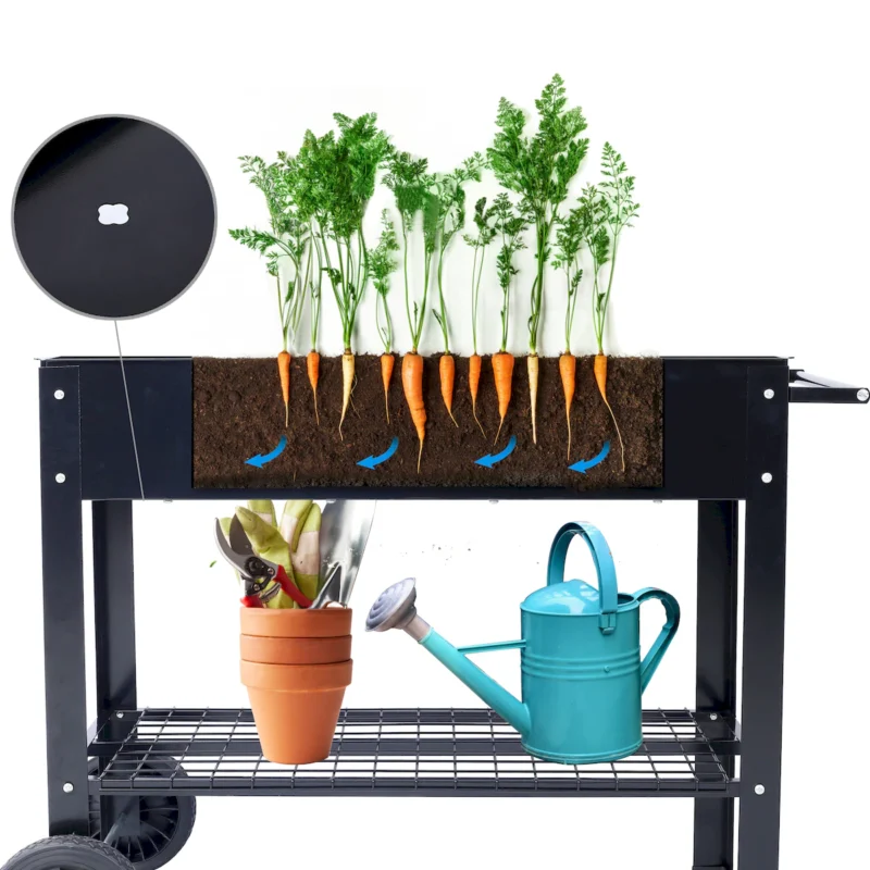 Products Elevated Mobile Raised Ergonomic Metal Planter Garden Bed for Backyard, Patio w/Wheels, Lower Shelf, black - Image 14