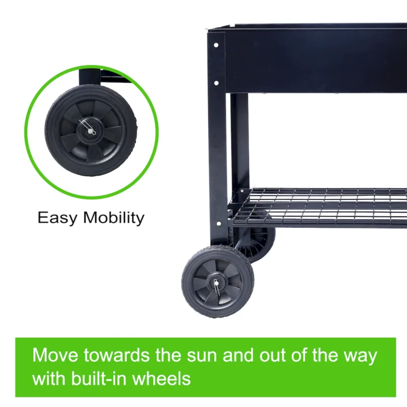 Products Elevated Mobile Raised Ergonomic Metal Planter Garden Bed for Backyard, Patio w/Wheels, Lower Shelf, black - Image 16