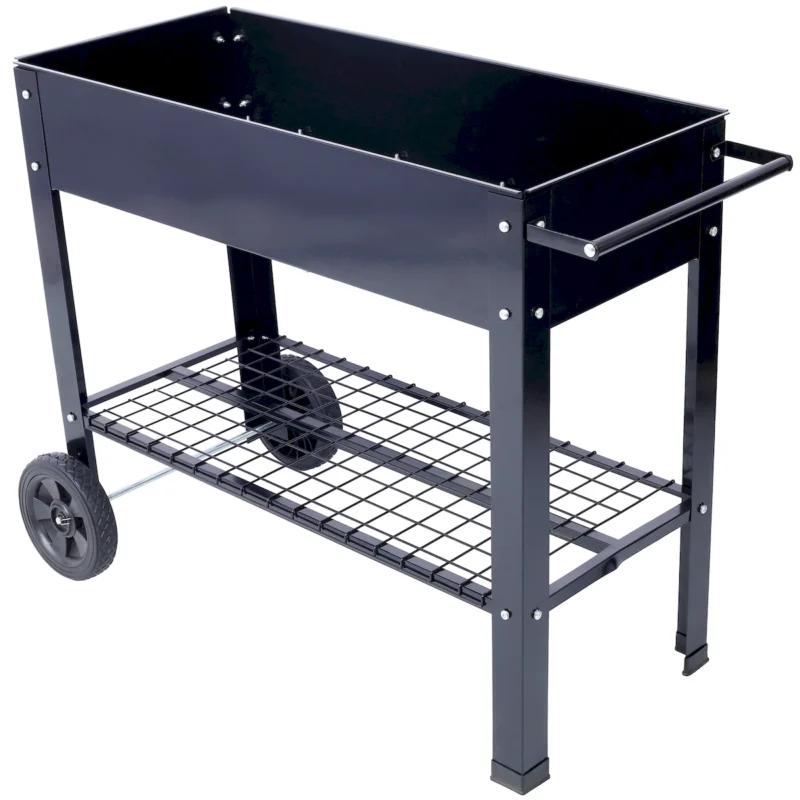 Products Elevated Mobile Raised Ergonomic Metal Planter Garden Bed for Backyard, Patio w/Wheels, Lower Shelf, black - Image 7
