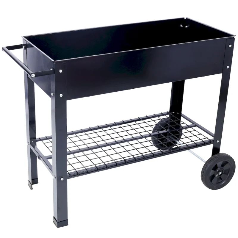 Products Elevated Mobile Raised Ergonomic Metal Planter Garden Bed for Backyard, Patio w/Wheels, Lower Shelf, black - Image 9