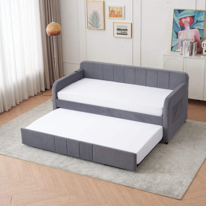 Twin Upholstered Daybed Frame with Trundle, Twin Size Sofa Bed for Bedroom Living Room Guest Room, Wood Slat Support - Image 13