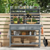 K&K 64.9"H Outdoor Potting Bench Table with Lockable Wheels, Solid Wood Outdoor Kitchen Island with Upper Hutch, Stainless Steel Top, Towel Rack ,Outdoor Storage for Grilling, Lawn Garden -Grey Blue - Image 2