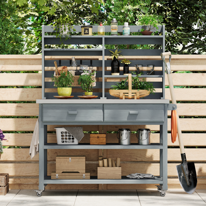 K&K 64.9"H Outdoor Potting Bench Table with Lockable Wheels, Solid Wood Outdoor Kitchen Island with Upper Hutch, Stainless Steel Top, Towel Rack ,Outdoor Storage for Grilling, Lawn Garden -Grey Blue - Image 2