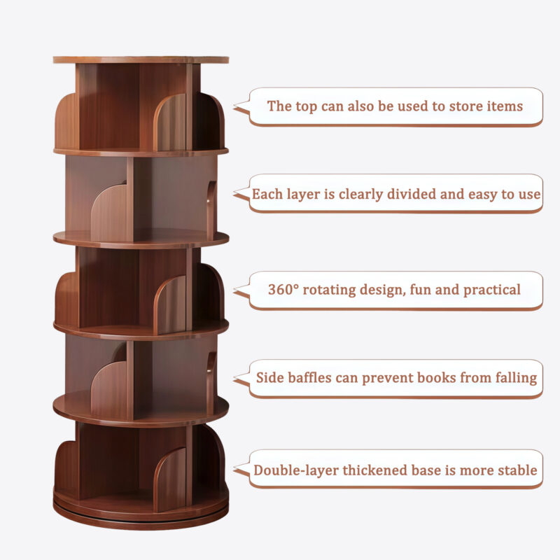 5 Tier Rotating Bookshelf, 360° Display Round Spinning Bookshelf, Space-Saving, Small Space Rotating Bookshelf Tower for Bedroom, Living Room, Home, Office, Wood Color - Image 10