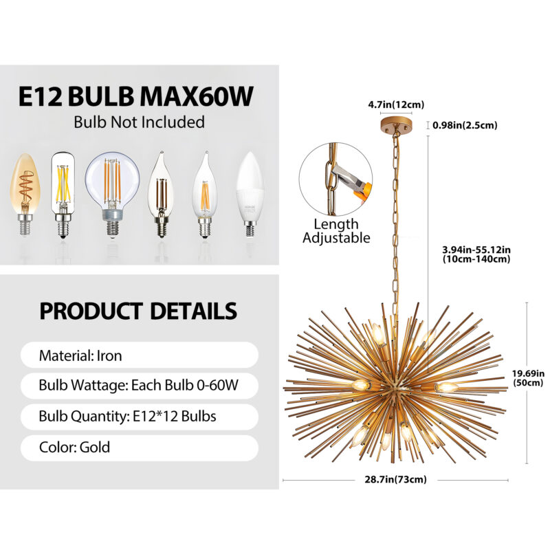 29" Mid-Century Modern 12-Light Starburst Chandelier – Gold Sputnik Pendant Light Fixture for Living Room, Dining Room, or Foyer (Bulb Not Included) - Image 4
