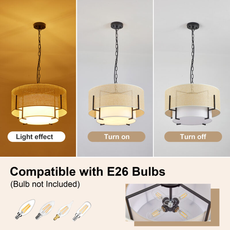 19.7'' Farmhouse Boho Chandelier,4-Light Hand Woven Rattan Pendant Light with Fabric Shade Rustic Drum Chandelier for Dining Room Kitchen Bedroom Foyer Entryway Living Room - Image 5