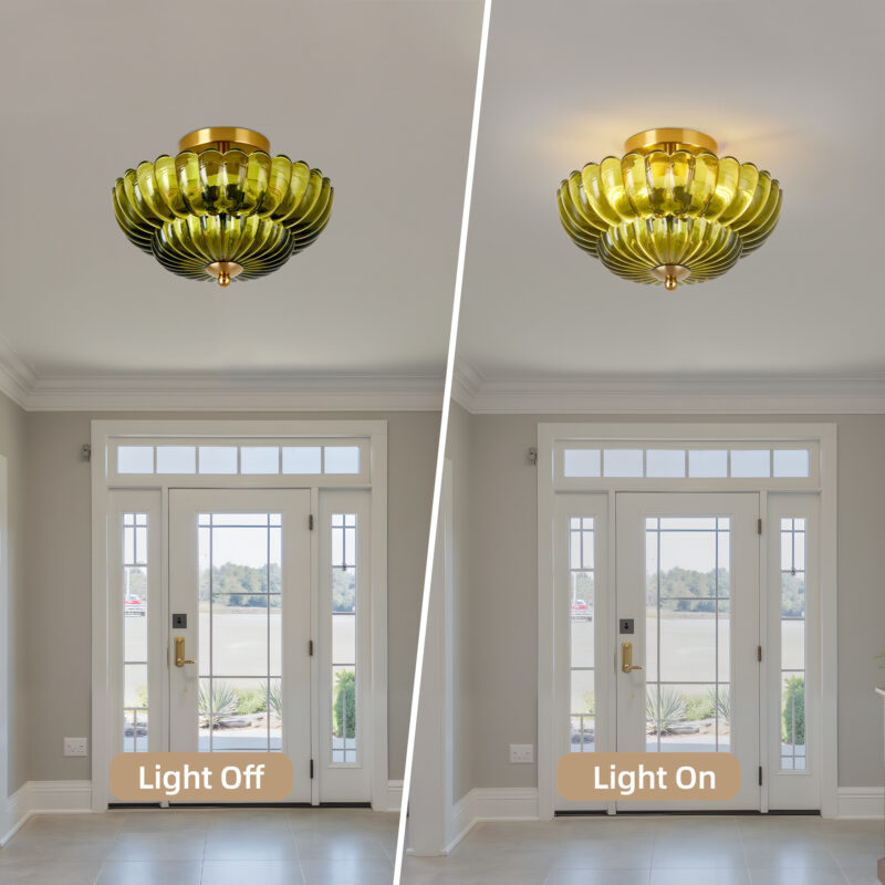 11.8 inch Kitchen Ceiling Light, 3-Light Semi Flush Mount Ceiling Lamp with Flower Glass, Vintage Close to Ceiling Light Fixtures for Bathroom Bedroom Hallway Entryway, Green - Image 5