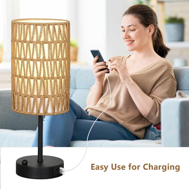 Touch Table Lamp For Bedroom with Bulb, Boho Small Desk Lamp For Living Room With Rattan & Linen Shade, 3 Way Dimmable Bedside Table Lamp For Nightstand With USB Charging Port & Phone Stand For Office - Image 4