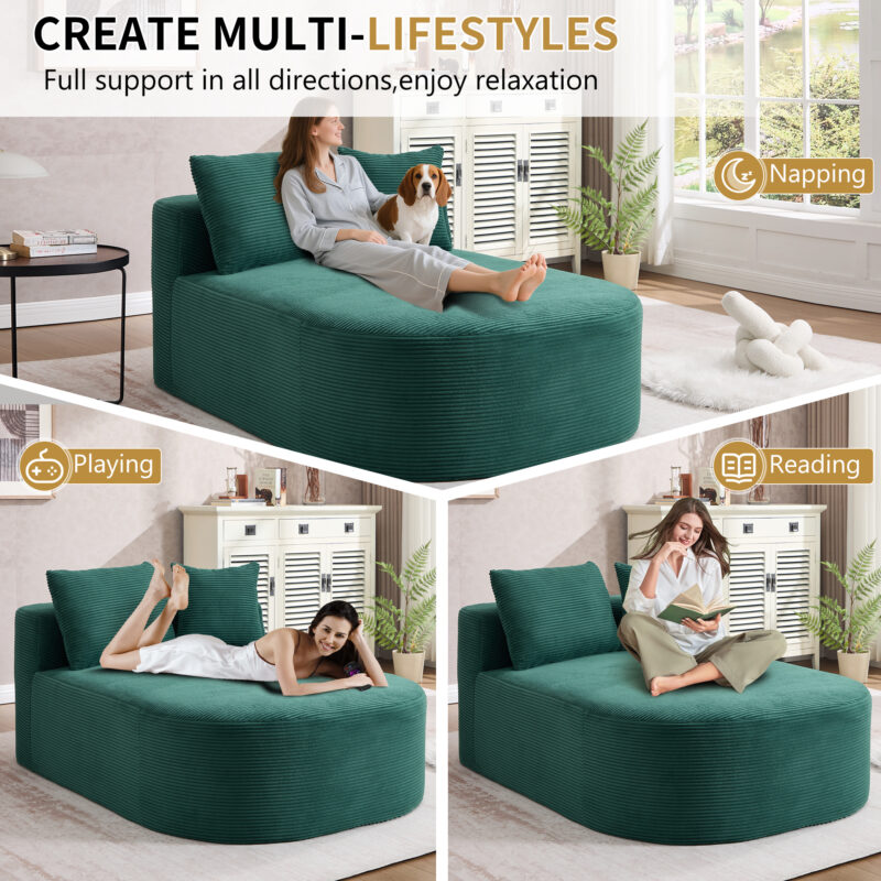 67.5''Chaise Lounge Chair 46'' Wide Seat Indoor Corduroy Oversized Sleeper Sofa for Living Room Deep Seat Lounge and Two Soft Pillows Convertible Boneless Sofa Bed, Green,No Assembly Required - Image 35