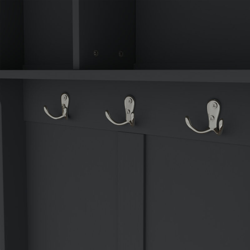 Modern Hallway Hall Tree with Metal Hooks and Storage Space, Multi-Functional Entryway Coat Rack with Shoe Cubbies, Black - Image 6