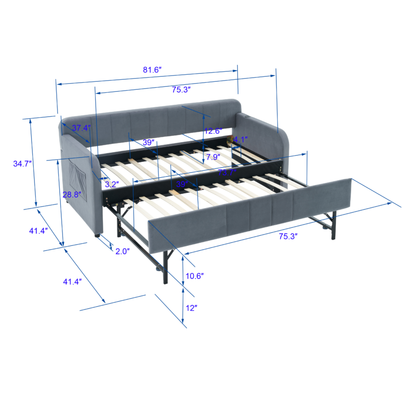 Twin Upholstered Daybed Frame with Trundle, Twin Size Sofa Bed for Bedroom Living Room Guest Room, Wood Slat Support - Image 15