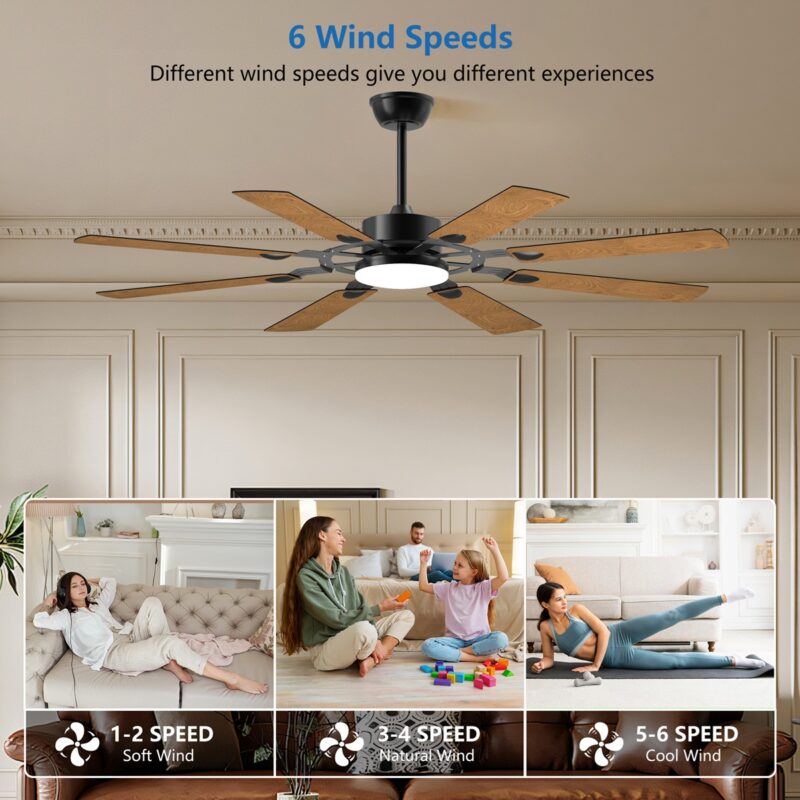 60 Inch Ceiling Fan with Lights and Remote Control, 8 Plywood Blades, 6-Speed Noiseless Reversible DC Motor, 3CCT, Windmill Ceiling fan for Kitchen Bedroom Living Room, Black - Image 2