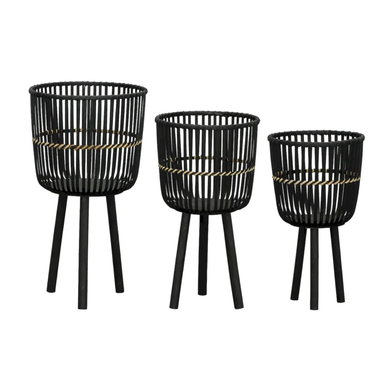 S/3 BAMBOO FOOTED PLANTERS 11/13/15", BLACK - Image 2
