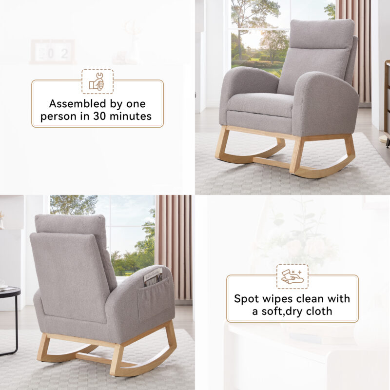 015B-Teddy Fabric Leisure Rocking Chair,Nursery Rocking Chair With Adjustable Footstool,Thickened Headrest And High Backrest, Storage Pocket On The Right Side,The Base Rocker Is Solid Wood - Image 18