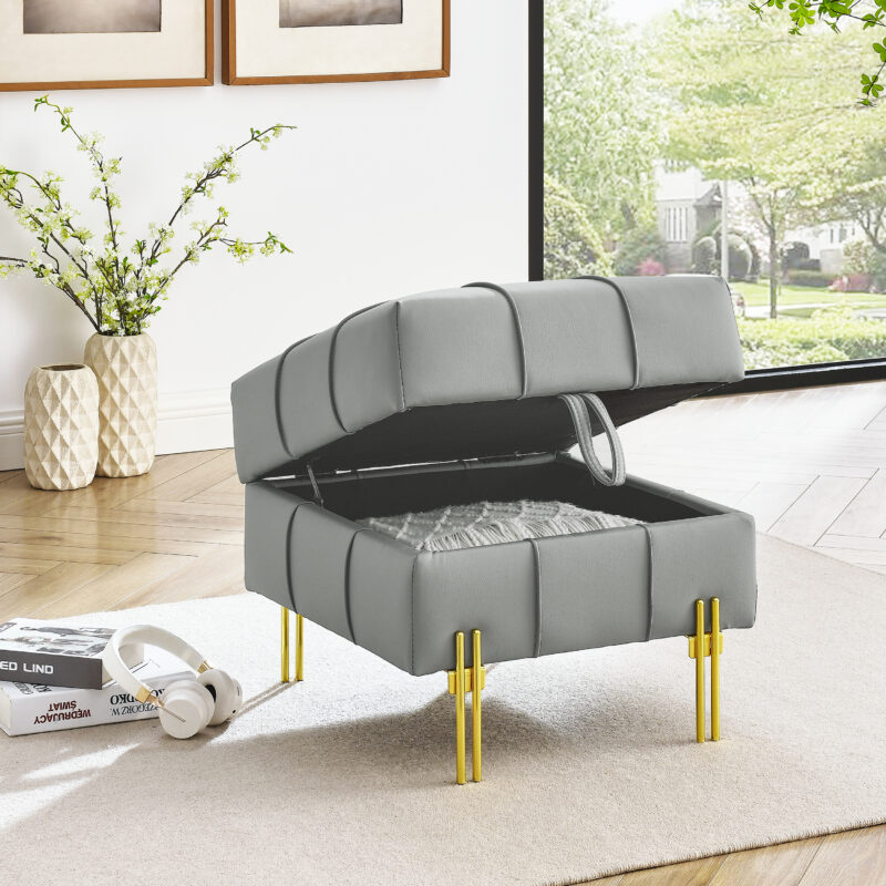 2 inches Anti-scratch Leather Storage Ottoman, Pet Friendly Entryway Bench with Golden Stainless Steel Legs - Image 2