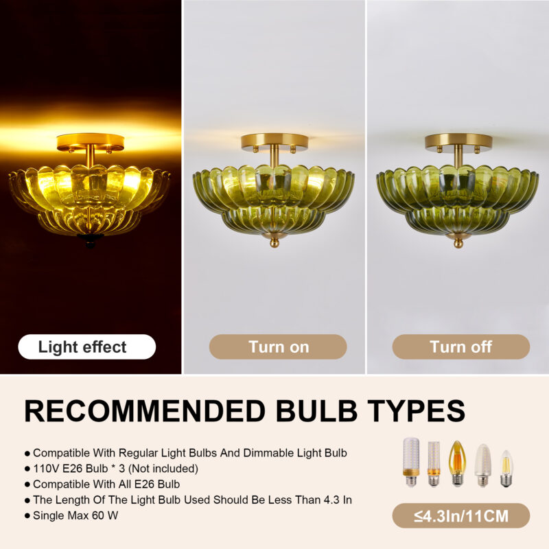 11.8 inch Kitchen Ceiling Light, 3-Light Semi Flush Mount Ceiling Lamp with Flower Glass, Vintage Close to Ceiling Light Fixtures for Bathroom Bedroom Hallway Entryway, Green - Image 9