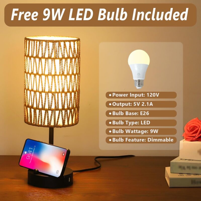 Touch Table Lamp For Bedroom with Bulb, Boho Small Desk Lamp For Living Room With Rattan & Linen Shade, 3 Way Dimmable Bedside Table Lamp For Nightstand With USB Charging Port & Phone Stand For Office - Image 3
