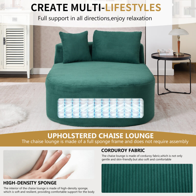 67.5''Chaise Lounge Chair 46'' Wide Seat Indoor Corduroy Oversized Sleeper Sofa for Living Room Deep Seat Lounge and Two Soft Pillows Convertible Boneless Sofa Bed, Green,No Assembly Required - Image 34