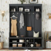 Modern Hallway Hall Tree with Metal Hooks and Storage Space, Multi-Functional Entryway Coat Rack with Shoe Cubbies, Black