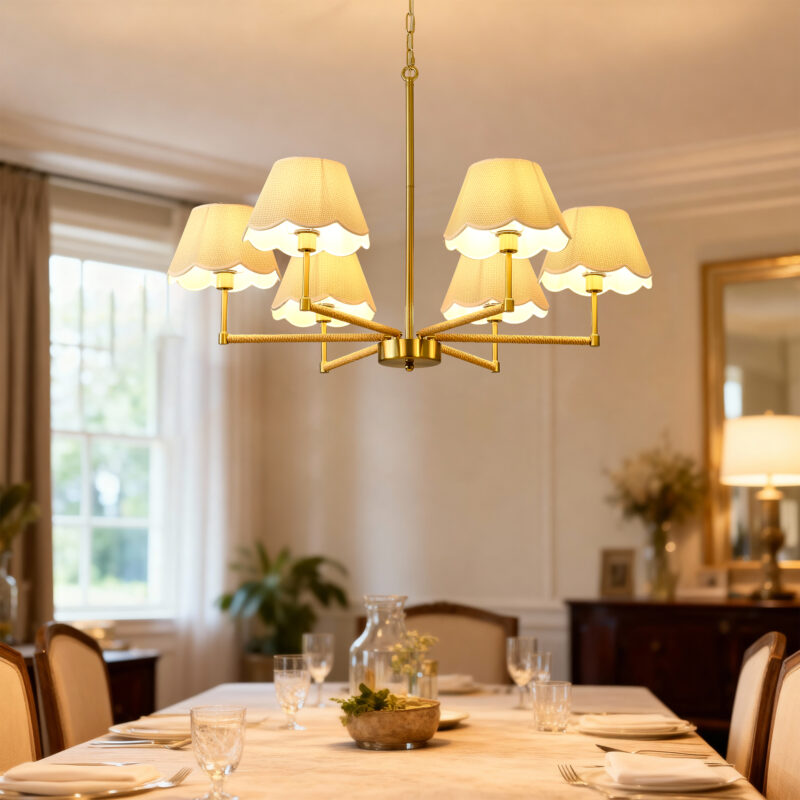 6-Light Rope + Fabric shade Chandelier,Gold Chandelier,Chandelier Romantic Golden,Adjustable Pendant Lights Living Room Dining Room Decoration Lamp Custom Hotel Project Lighting - Gold- - Image 5
