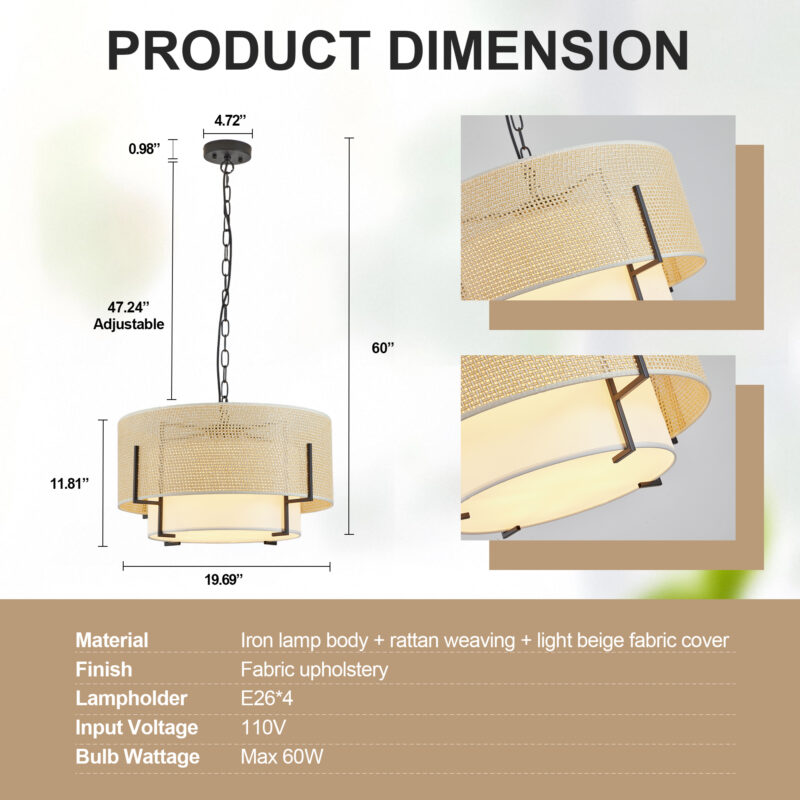 19.7'' Farmhouse Boho Chandelier,4-Light Hand Woven Rattan Pendant Light with Fabric Shade Rustic Drum Chandelier for Dining Room Kitchen Bedroom Foyer Entryway Living Room - Image 6