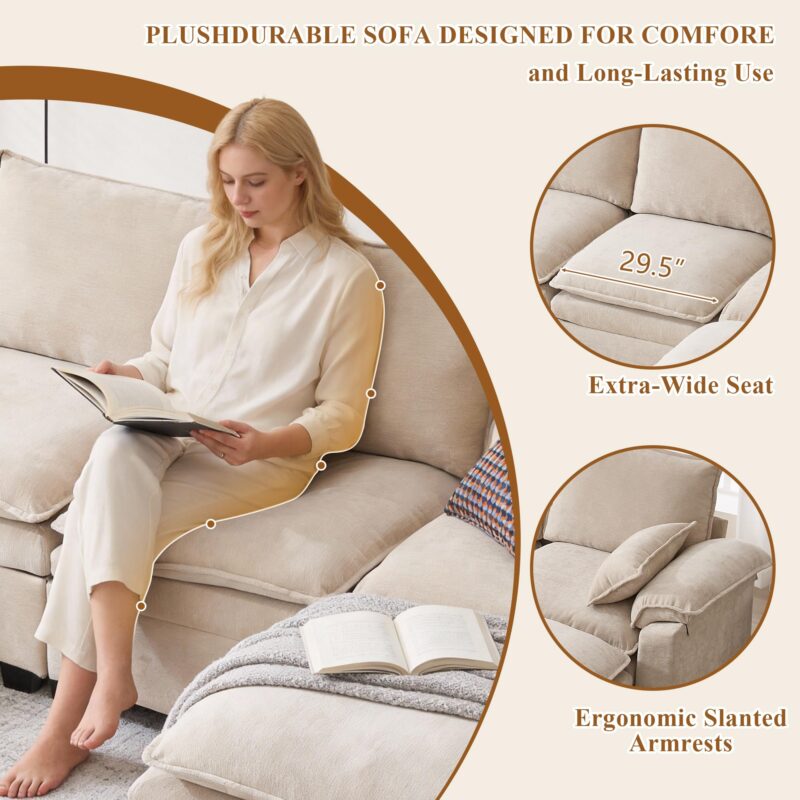 Modern Loveseat Sofa for Living Room, Comfy Chenille Deep Seat Cloud Loveseat Couch with Ottoman, Easy Assembly for Small Spaces, Bedroom, Apartment and Office, Beige - Image 3