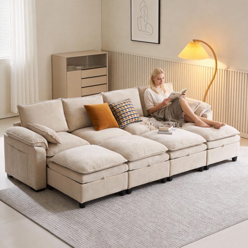 Modern Loveseat Sofa for Living Room, Comfy Chenille Deep Seat Cloud Loveseat Couch with Ottoman, Easy Assembly for Small Spaces, Bedroom, Apartment and Office, Beige - Image 8