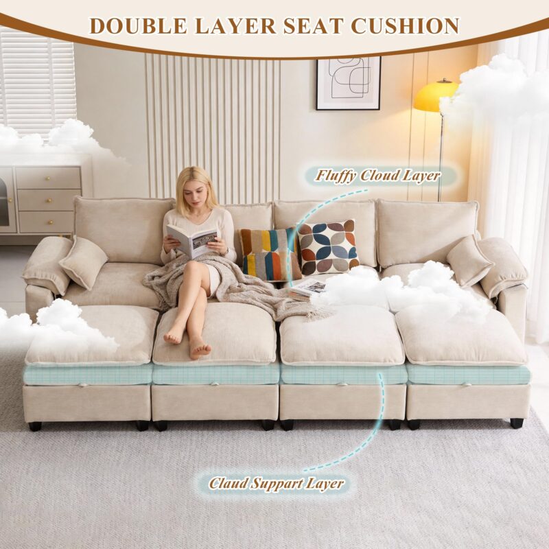 108" Sectional Couches for Living Room, U Shaped Cloud Couch Sectional with Ottoman Storage, Modular Sectional Sofa with Pillow, Deep Seater Sofa for Living Room (Beige, 3 Seater with 2 Ottoman) - Image 3