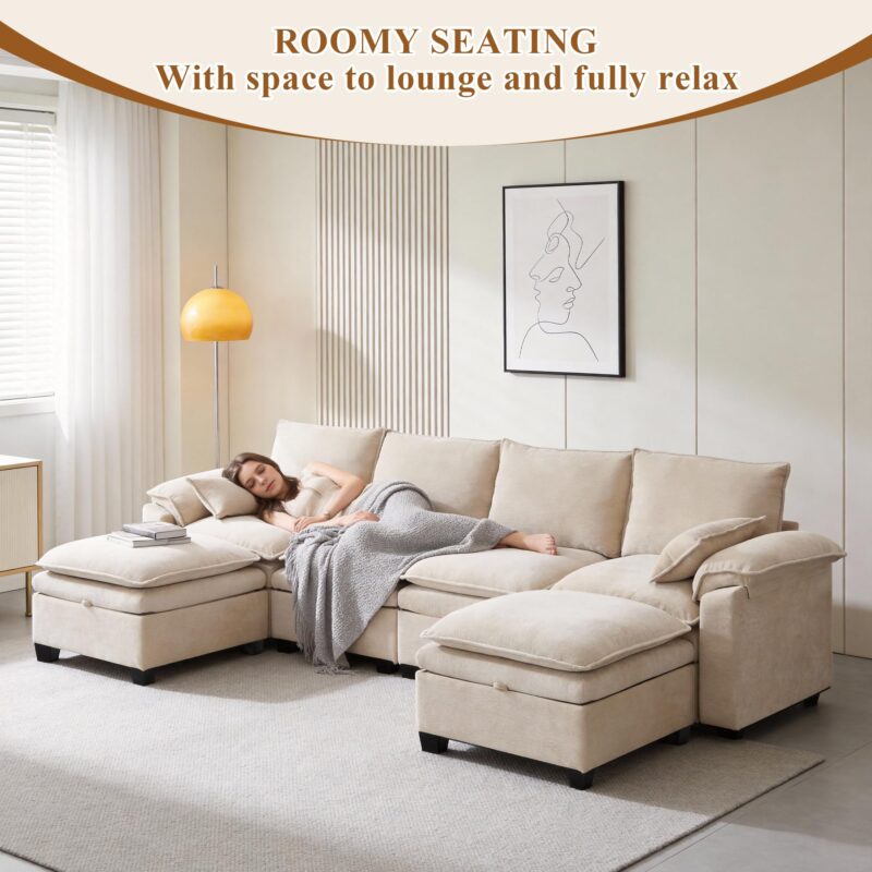 108" Sectional Couches for Living Room, U Shaped Cloud Couch Sectional with Ottoman Storage, Modular Sectional Sofa with Pillow, Deep Seater Sofa for Living Room (Beige, 3 Seater with 2 Ottoman) - Image 5