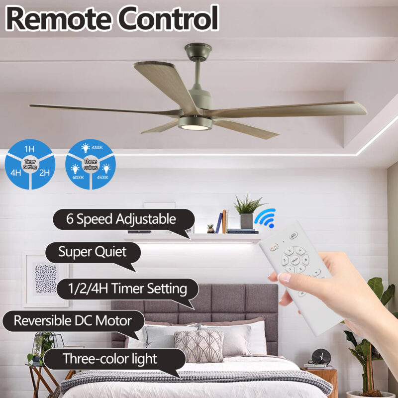 60" Modern Wood Ceiling Fan with Light and Remote Control,6-Speed Noiseless Reversible DC Motor, Ceiling Fan for Kitchen Dinning Living Room - Image 3