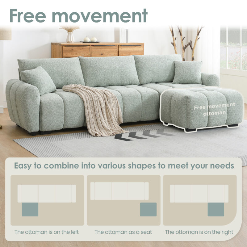 110" Modular Sectional Sofa, L Shape with Extra-large Seat, Pull-line Design, Movable Ottoman, High Density Foam, Free Combination, Sturdy Metal&Wood Frame, Boucle Fabric, 3 Colors - Image 4