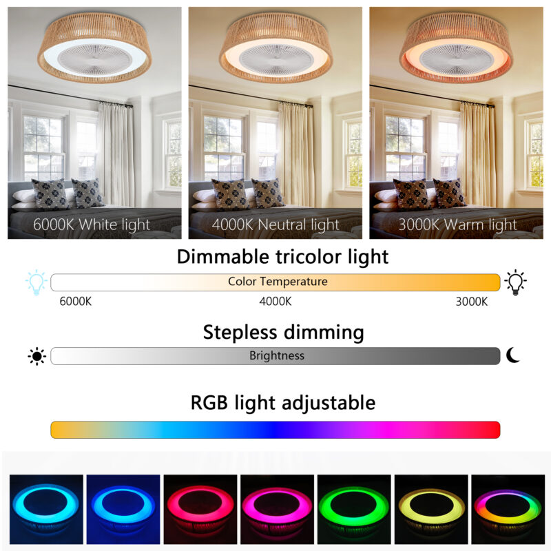 21" Modern Rustic Ceiling Fan Light with LED RGB Mood Lighting, Rope Woven Design, Quiet Fan, Semi Flush Mount for Bedroom, Living Room, or Dining Room ((Silent/6-Speed/Reversible/DC Motor)) - Image 6