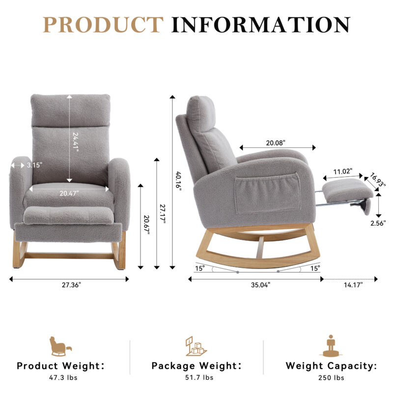015B-Teddy Fabric Leisure Rocking Chair,Nursery Rocking Chair With Adjustable Footstool,Thickened Headrest And High Backrest, Storage Pocket On The Right Side,The Base Rocker Is Solid Wood - Image 20