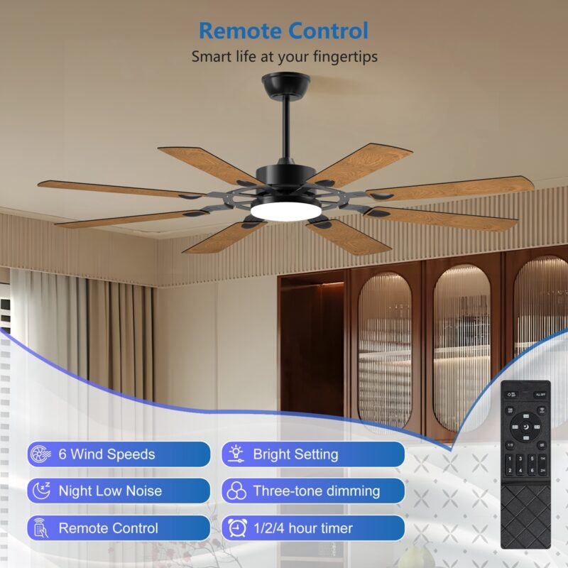 60 Inch Ceiling Fan with Lights and Remote Control, 8 Plywood Blades, 6-Speed Noiseless Reversible DC Motor, 3CCT, Windmill Ceiling fan for Kitchen Bedroom Living Room, Black - Image 4