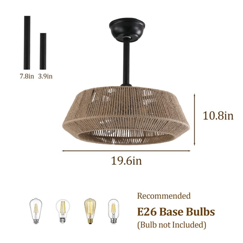 19" Bedroom Fan Light with Rope Suspension with 4 Bulbs, Dimmable, 7 Dlades, Reversible DC Motor - Image 6