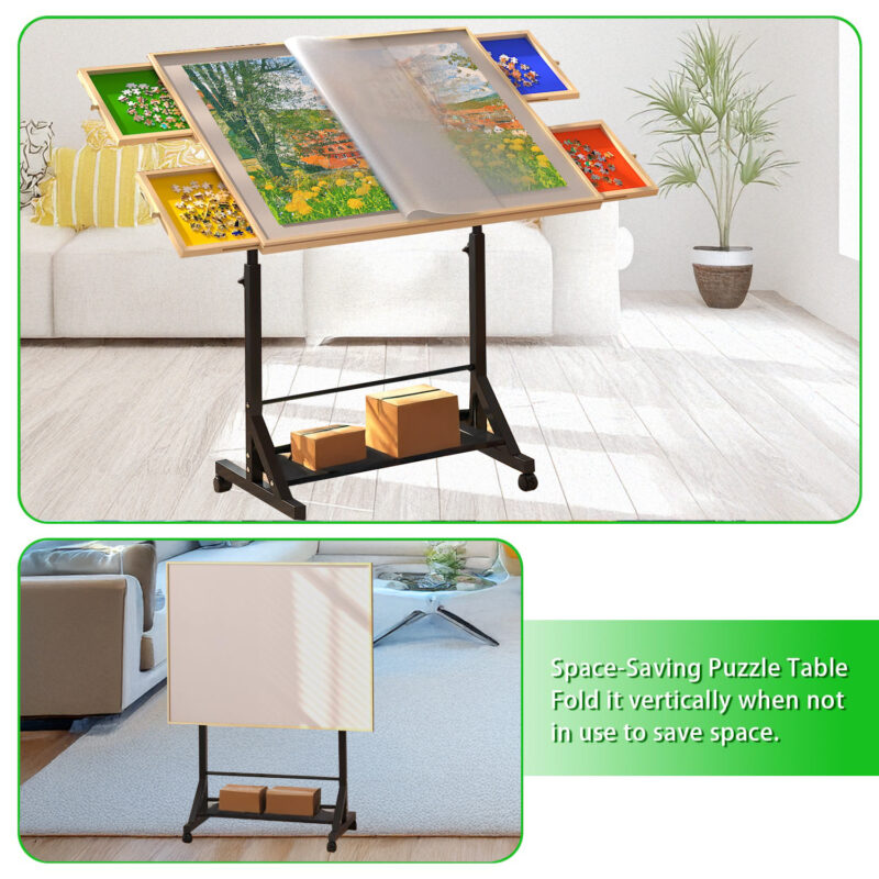 Wooden 1500 Piece Puzzle Table with Drawer, 35"*27.17" Adjustable Puzzle Table, 360° Tilting Puzzle Table with Legs and Wheels, Adjustable Height and Angle, with Protective Cover - Image 9