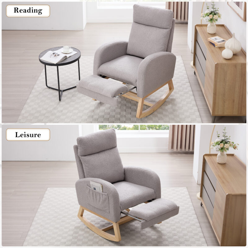 015B-Teddy Fabric Leisure Rocking Chair,Nursery Rocking Chair With Adjustable Footstool,Thickened Headrest And High Backrest, Storage Pocket On The Right Side,The Base Rocker Is Solid Wood - Image 17
