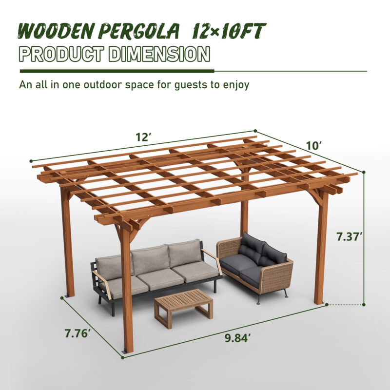 12 x 10 FT Outdoor Wood Pergola, Wooden Grape Pergola for Climbing Plant Support for Garden, Patio, Backyard, Deck, Brown - Image 3