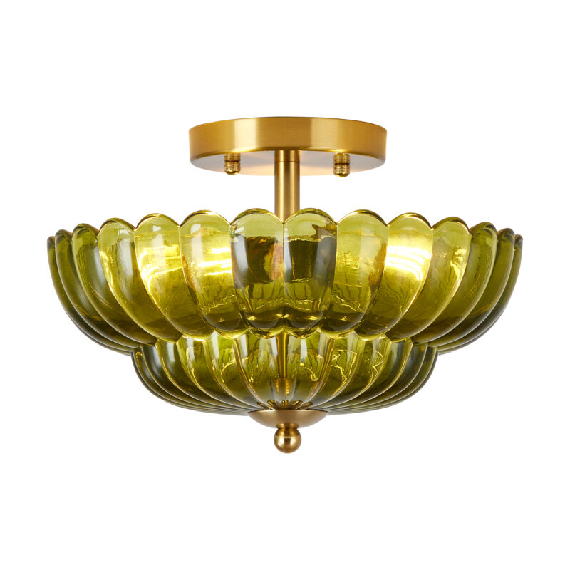 11.8 inch Kitchen Ceiling Light, 3-Light Semi Flush Mount Ceiling Lamp with Flower Glass, Vintage Close to Ceiling Light Fixtures for Bathroom Bedroom Hallway Entryway, Green - Image 4